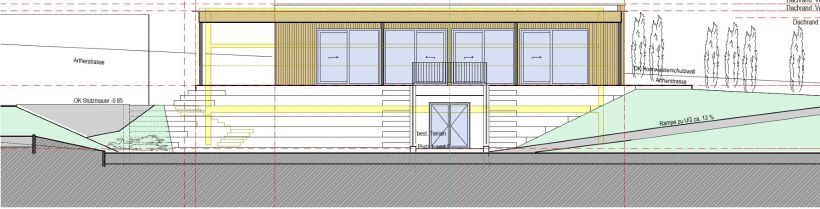 Architektenzeichnung Westfassade Planungsteam Baumann / Linggi 