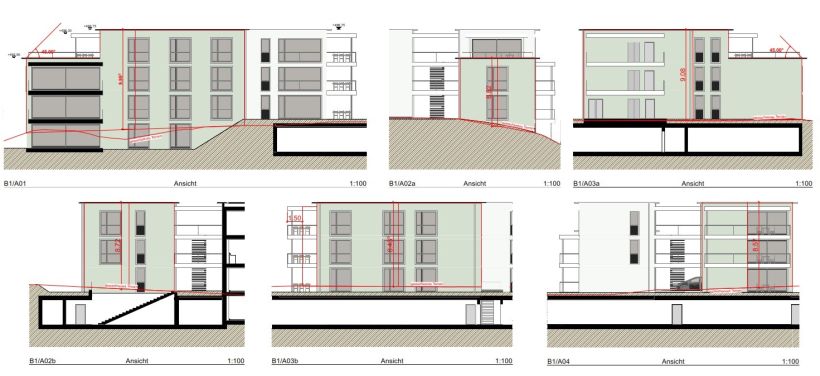 Architektenzeichnung B1 Ansichten J. Pfyl's Söhne 